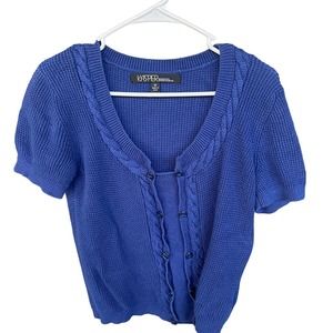 Kasper Sweater Womens Medium Blue Faux Button Knit Short Sleeve